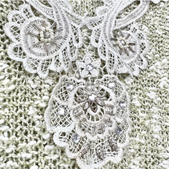 Sage green beaded lace short sleeve knit sweater L - Picture 10 of 13